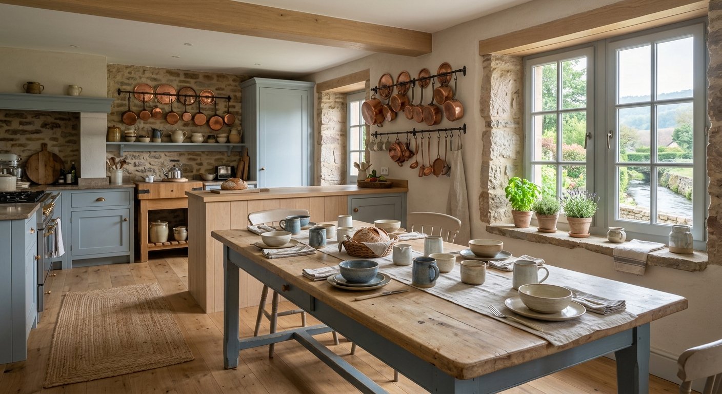 La cuisine équipée et sa grande table
