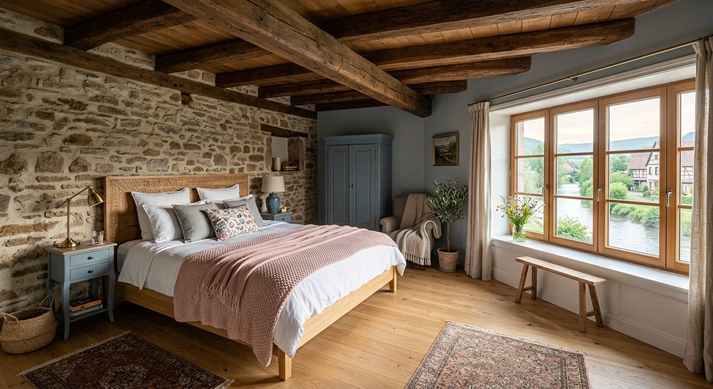 Poutres apparentes et murs de pierre